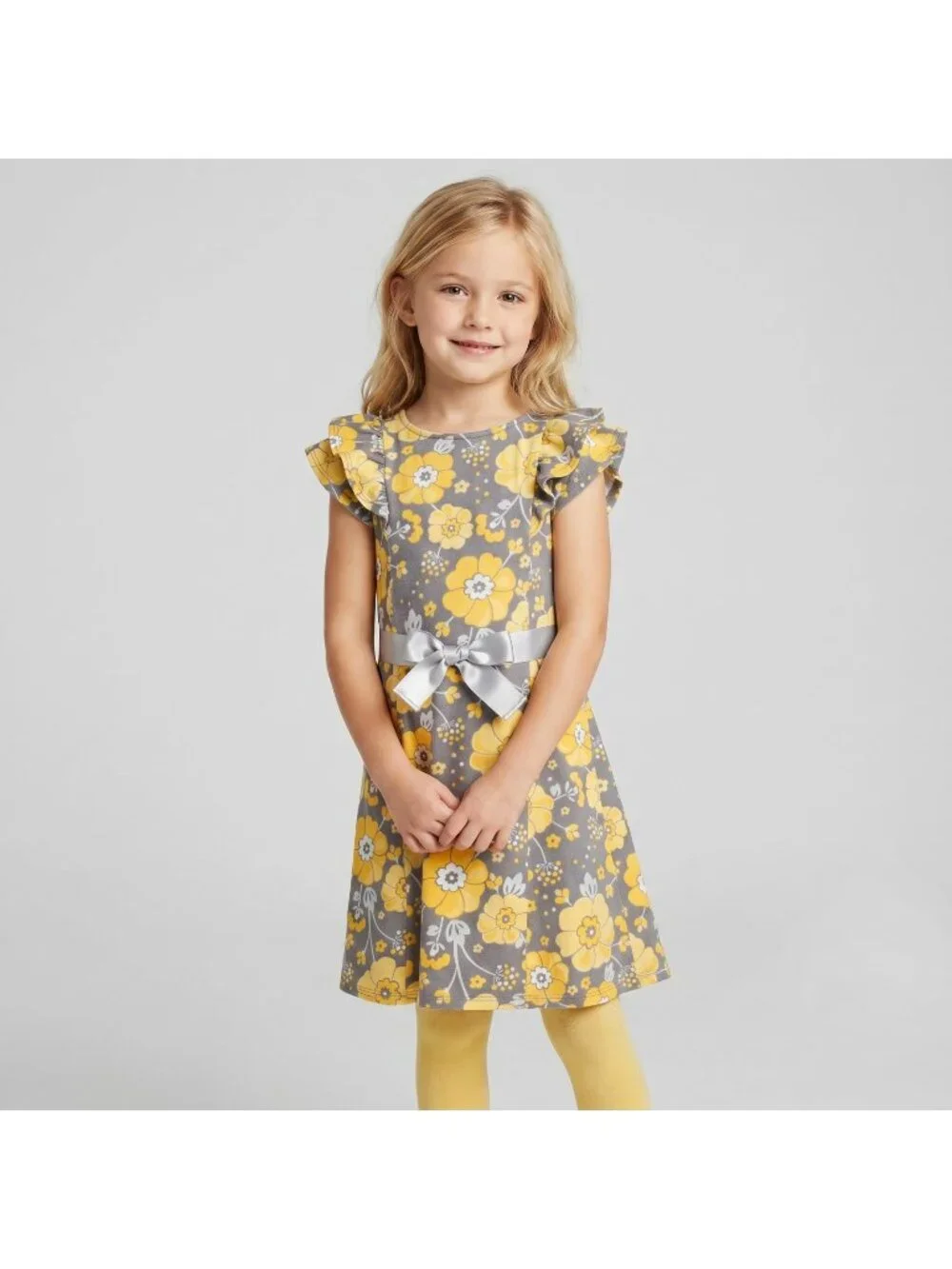 Gymboree Bright Owl Belted Floral Ruffle Dress & Sparkle Yellow Tights size 5-7